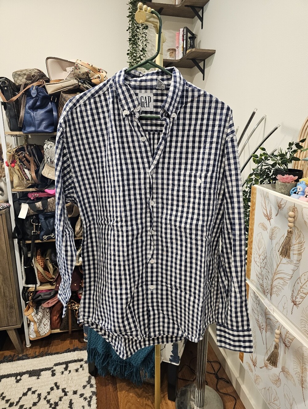 Vintage GAP Men's Navy and White Gingham Button-Down Shirt